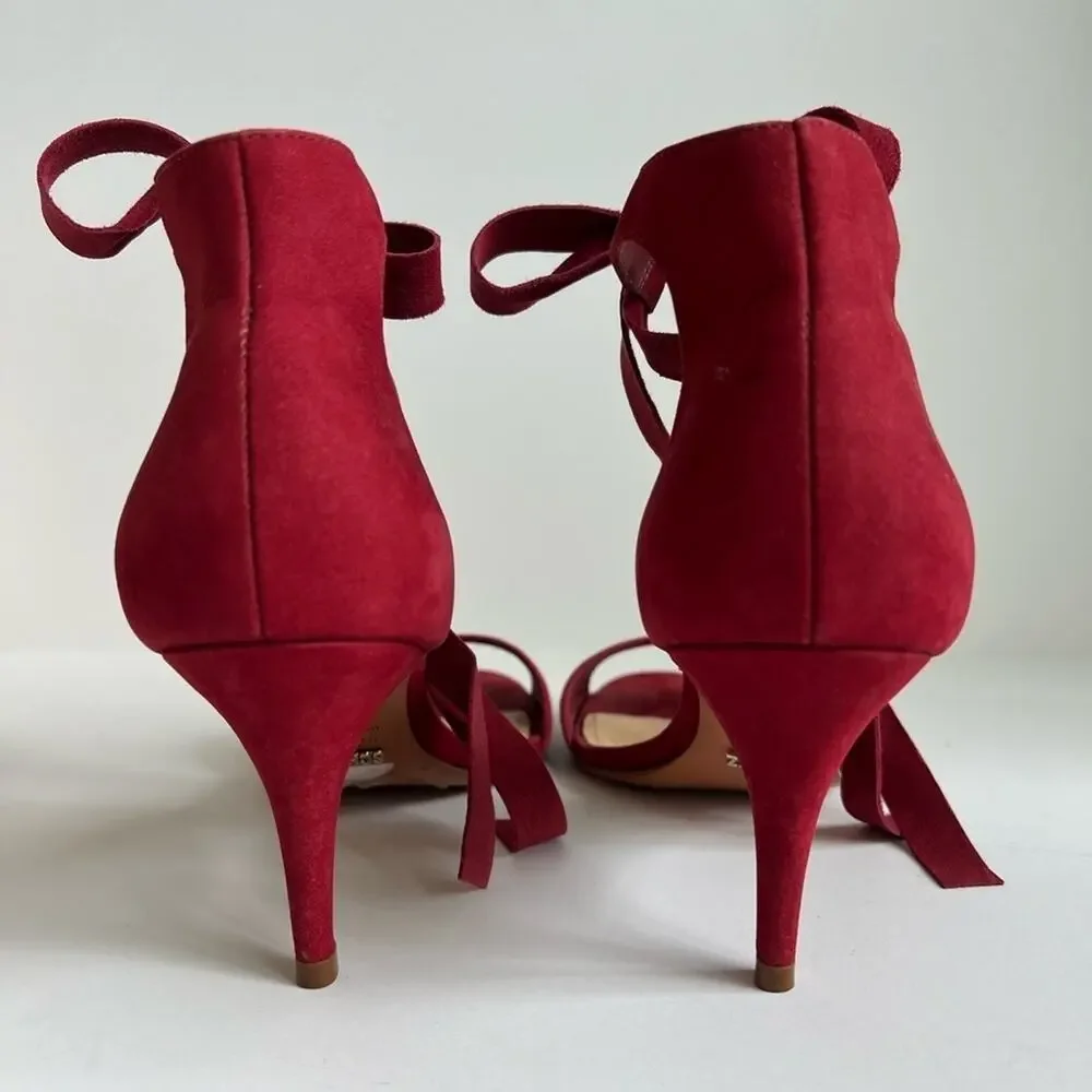 Anthropologie Schutz Tilan Red Suede Ankle Tie Stiletto Heels Women's Size 9